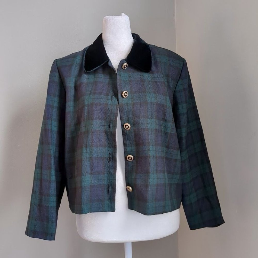 Vintage 90s Blazer Plaid Cropped Jacket Velvet Collar Blue Size Petite Medium